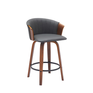 Homeroots 26" Gray And Wood Brown Faux Leather With Solid Wood Swivel Counter Height Bar Chair   534416