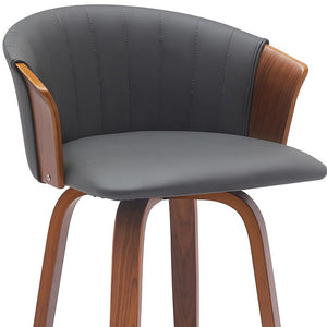 Homeroots 26" Gray And Wood Brown Faux Leather With Solid Wood Swivel Counter Height Bar Chair   534416