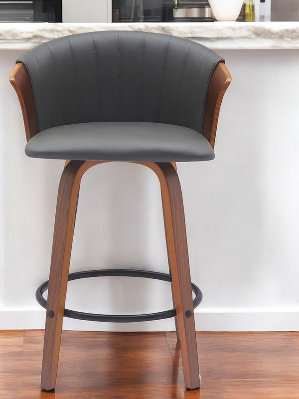 Homeroots 26" Gray And Wood Brown Faux Leather With Solid Wood Swivel Counter Height Bar Chair   534416