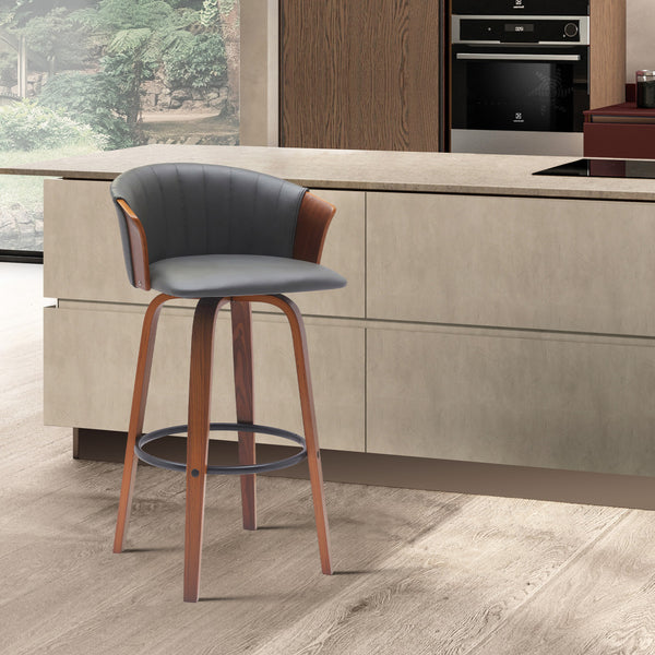 Homeroots 26" Gray And Wood Brown Faux Leather With Solid Wood Swivel Counter Height Bar Chair   534416