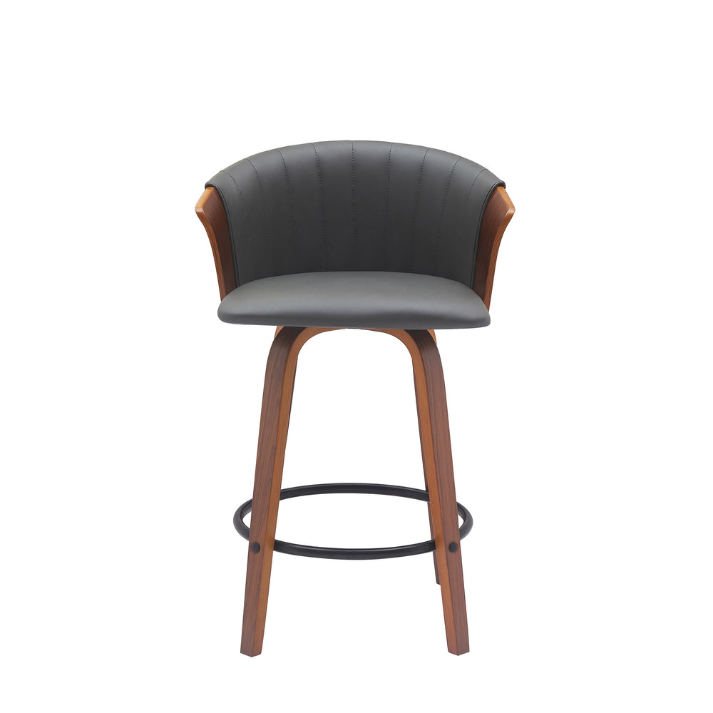 Homeroots 26" Gray And Wood Brown Faux Leather With Solid Wood Swivel Counter Height Bar Chair   534416