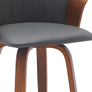Homeroots 26" Gray And Wood Brown Faux Leather With Solid Wood Swivel Counter Height Bar Chair   534416