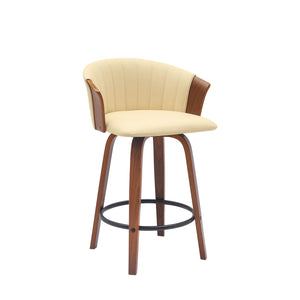 Homeroots 26" Cream And Wood Brown Faux Leather With Solid Wood Swivel Counter Height Bar Chair   534417