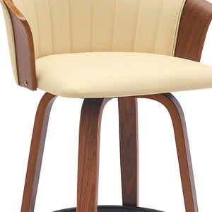 Homeroots 26" Cream And Wood Brown Faux Leather With Solid Wood Swivel Counter Height Bar Chair   534417