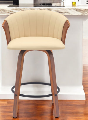 Homeroots 26" Cream And Wood Brown Faux Leather With Solid Wood Swivel Counter Height Bar Chair   534417
