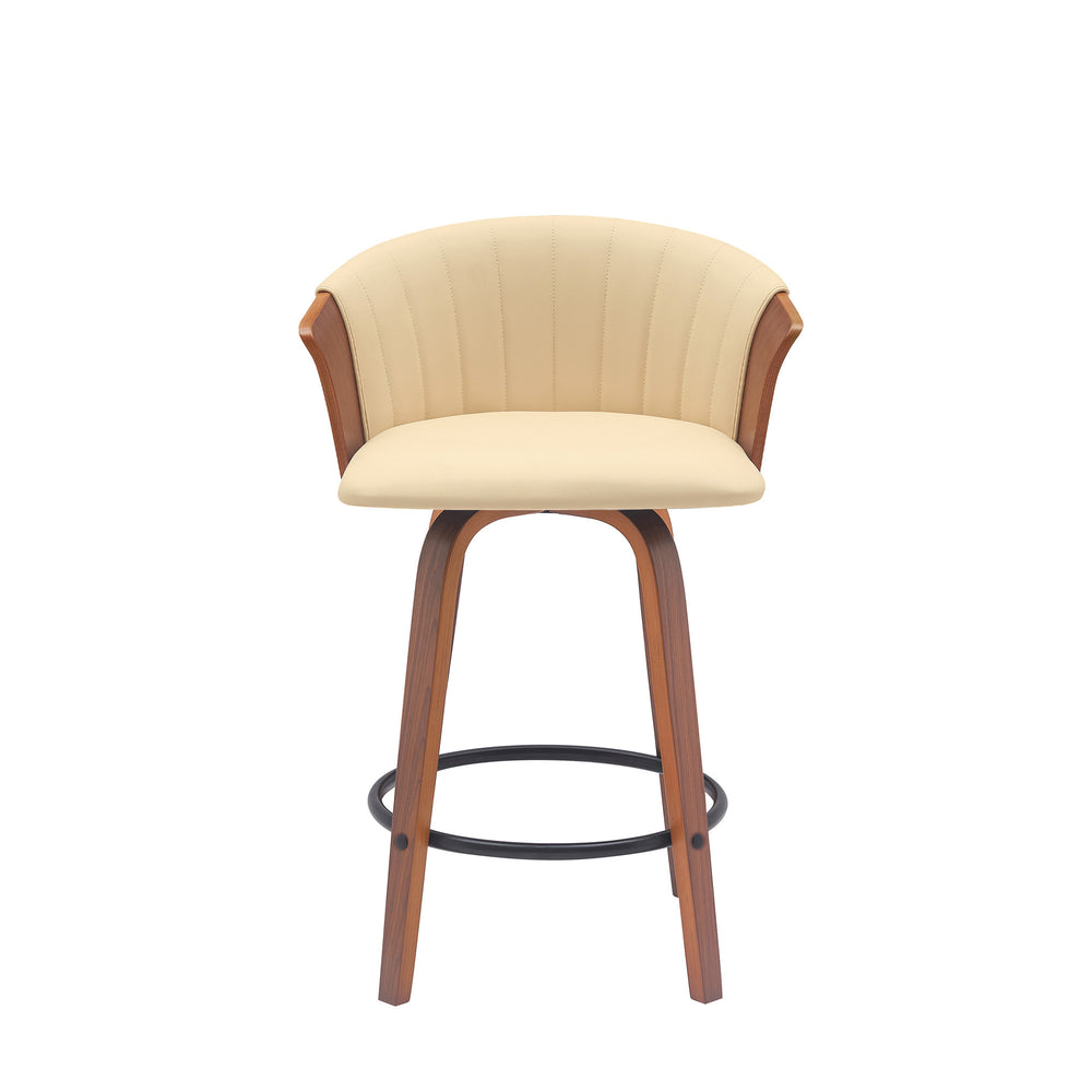 Homeroots 26" Cream And Wood Brown Faux Leather With Solid Wood Swivel Counter Height Bar Chair   534417