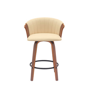 Homeroots 26" Cream And Wood Brown Faux Leather With Solid Wood Swivel Counter Height Bar Chair   534417