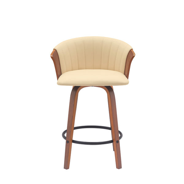 Homeroots 26" Cream And Wood Brown Faux Leather With Solid Wood Swivel Counter Height Bar Chair   534417