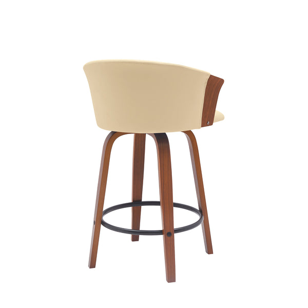 Homeroots 26" Cream And Wood Brown Faux Leather With Solid Wood Swivel Counter Height Bar Chair   534417