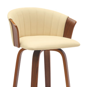 Homeroots 26" Cream And Wood Brown Faux Leather With Solid Wood Swivel Counter Height Bar Chair   534417