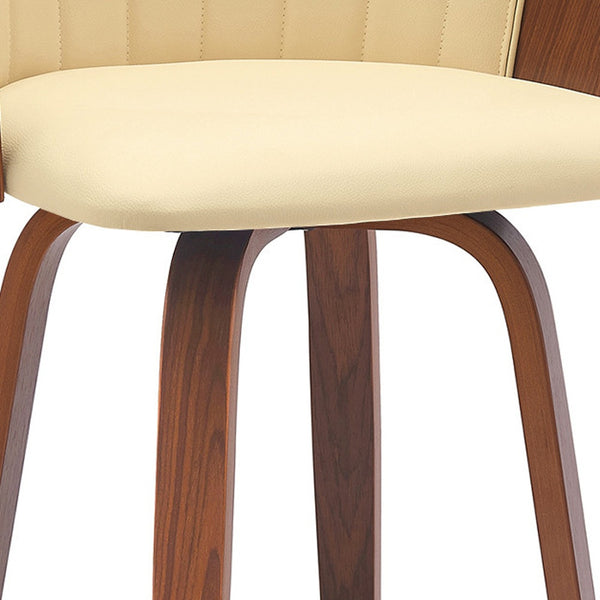 Homeroots 26" Cream And Wood Brown Faux Leather With Solid Wood Swivel Counter Height Bar Chair   534417