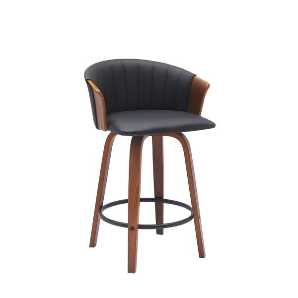 Homeroots 26" Black And Wood Brown Faux Leather With Solid Wood Swivel Counter Height Bar Chair   534418