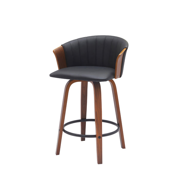 Homeroots 26" Black And Wood Brown Faux Leather With Solid Wood Swivel Counter Height Bar Chair   534418