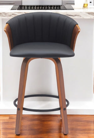 Homeroots 26" Black And Wood Brown Faux Leather With Solid Wood Swivel Counter Height Bar Chair   534418