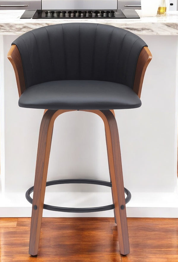 Homeroots 26" Black And Wood Brown Faux Leather With Solid Wood Swivel Counter Height Bar Chair   534418