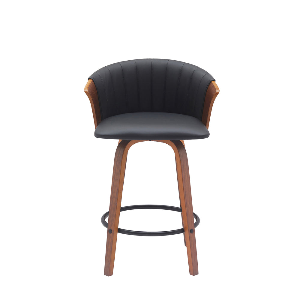 Homeroots 26" Black And Wood Brown Faux Leather With Solid Wood Swivel Counter Height Bar Chair   534418