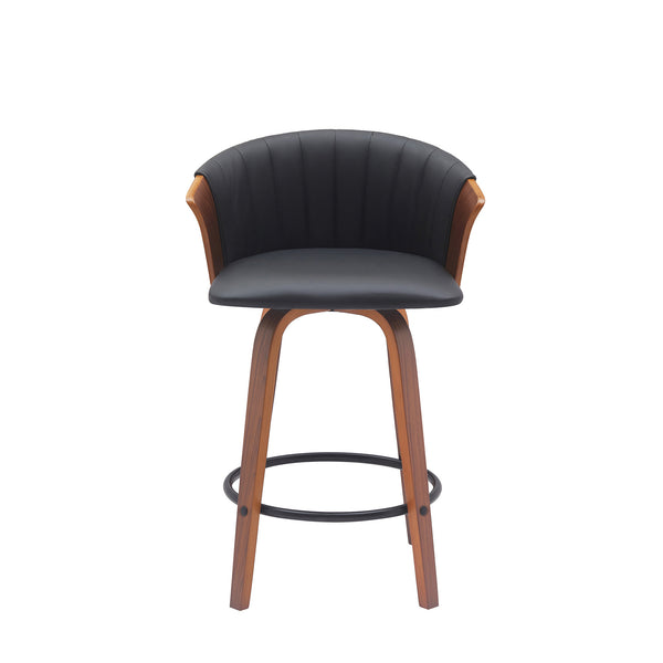 Homeroots 26" Black And Wood Brown Faux Leather With Solid Wood Swivel Counter Height Bar Chair   534418