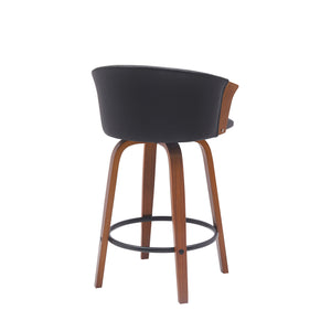 Homeroots 26" Black And Wood Brown Faux Leather With Solid Wood Swivel Counter Height Bar Chair   534418