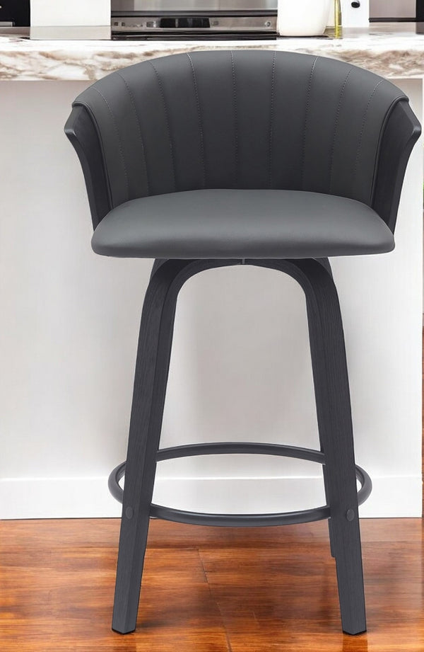 Homeroots 26" Gray And Black Faux Leather Swivel Counter Height Bar Chair   534419