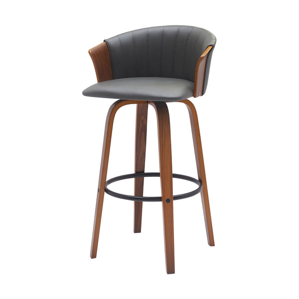 Homeroots 30" Gray And Wood Brown Faux Leather Swivel Bar Height Bar Chair   534421