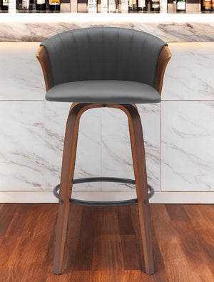 Homeroots 30" Gray And Wood Brown Faux Leather Swivel Bar Height Bar Chair   534421