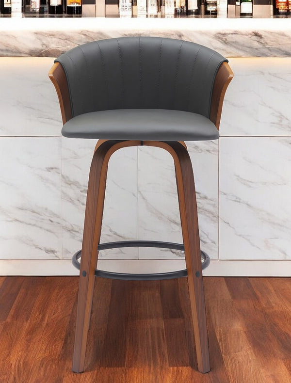 Homeroots 30" Gray And Wood Brown Faux Leather Swivel Bar Height Bar Chair   534421