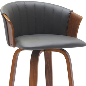 Homeroots 30" Gray And Wood Brown Faux Leather Swivel Bar Height Bar Chair   534421