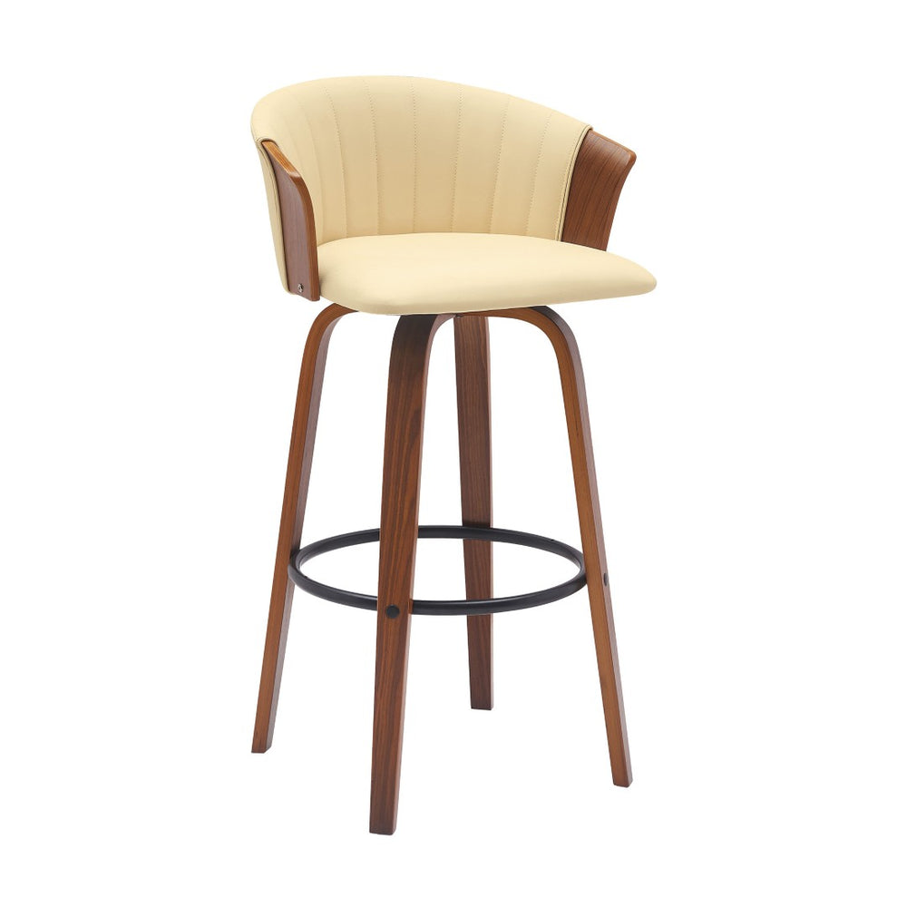 HomeRoots 30" Cream Faux Leather Swivel Bar Chair with Wood Brown Frame for Modern Kitchen & Home Bar Style 534422