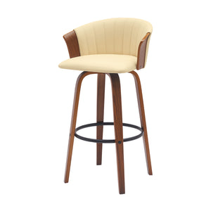 Homeroots 30" Cream And Wood Brown Faux Leather Swivel Bar Height Bar Chair   534422