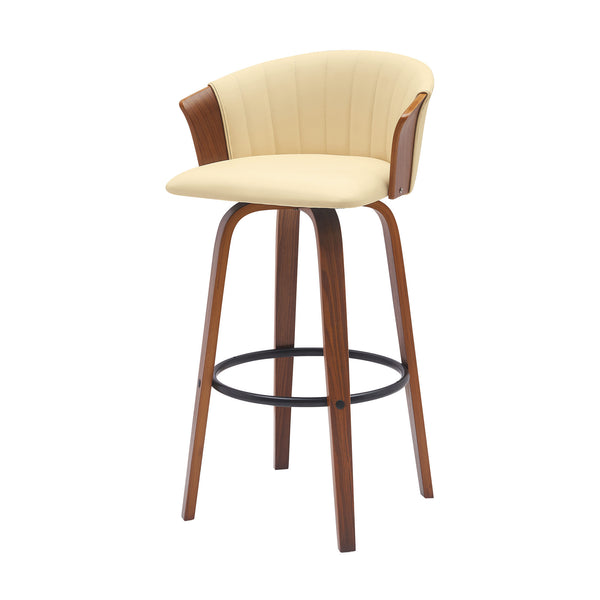 Homeroots 30" Cream And Wood Brown Faux Leather Swivel Bar Height Bar Chair   534422