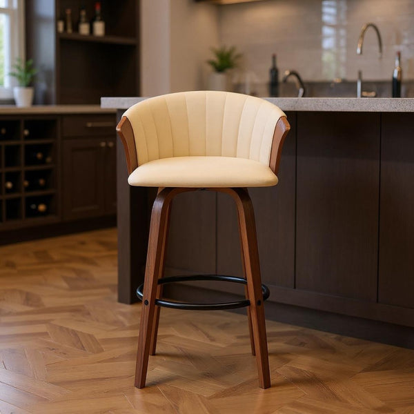 HomeRoots 30" Cream Faux Leather Swivel Bar Chair with Wood Brown Frame for Modern Kitchen & Home Bar Style 534422