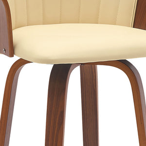 Homeroots 30" Cream And Wood Brown Faux Leather Swivel Bar Height Bar Chair   534422