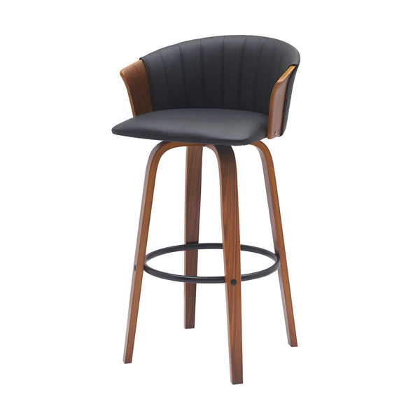 Homeroots 30" Black And Wood Brown Faux Leather Swivel Bar Height Bar Chair   534423