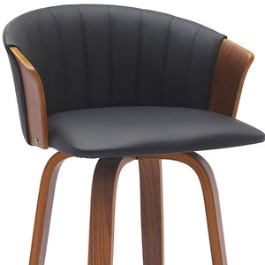 Homeroots 30" Black And Wood Brown Faux Leather Swivel Bar Height Bar Chair   534423