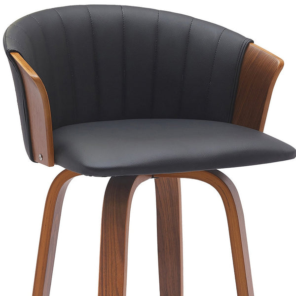 Homeroots 30" Black And Wood Brown Faux Leather Swivel Bar Height Bar Chair   534423