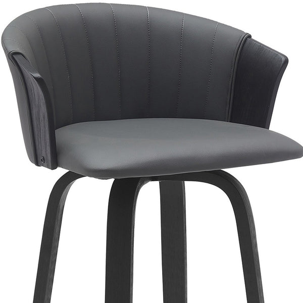 Homeroots 30" Gray And Black Faux Leather Swivel Bar Height Bar Chair   534424