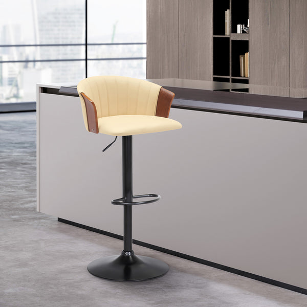 Homeroots Cream And Black Faux Leather With Metal Swivel Adjustable Height Bar Chair   534426