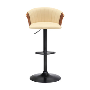 Homeroots Cream And Black Faux Leather With Metal Swivel Adjustable Height Bar Chair   534426