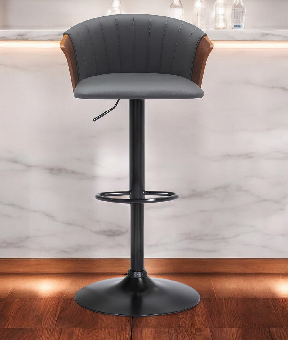 Homeroots Gray And Black Faux Leather With Metal Swivel Adjustable Height Bar Chair   534427