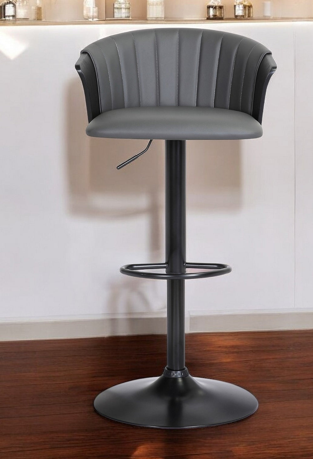 Homeroots Gray And Black Faux Leather With Metal Swivel Adjustable Height Bar Chair   534428