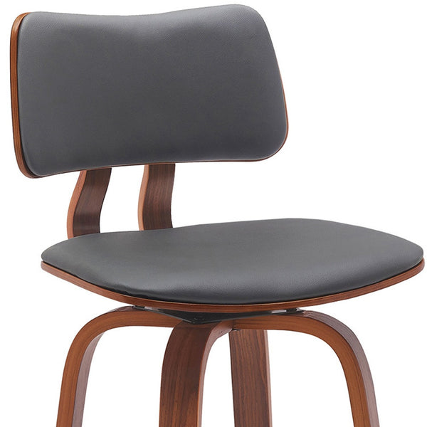 Homeroots 26" Gray And Wood Brown Faux Leather Swivel Low Back Counter Height Bar Chair   534430