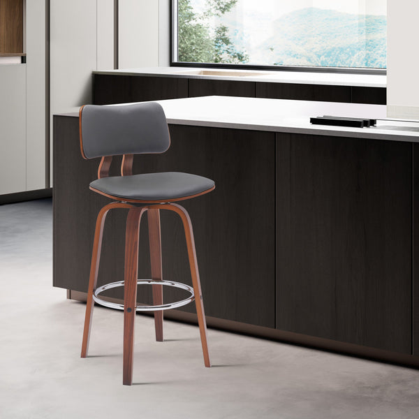 Homeroots 26" Gray And Wood Brown Faux Leather Swivel Low Back Counter Height Bar Chair   534430