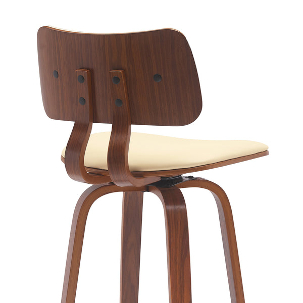 Homeroots 26" Cream And Wood Brown Faux Leather Swivel Low Back Counter Height Bar Chair   534431