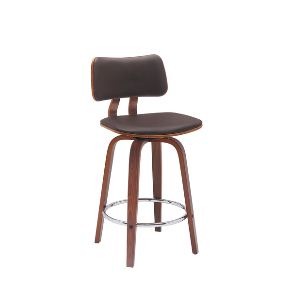Homeroots 26" Brown And Wood Brown Faux Leather Swivel Low Back Counter Height Bar Chair   534432
