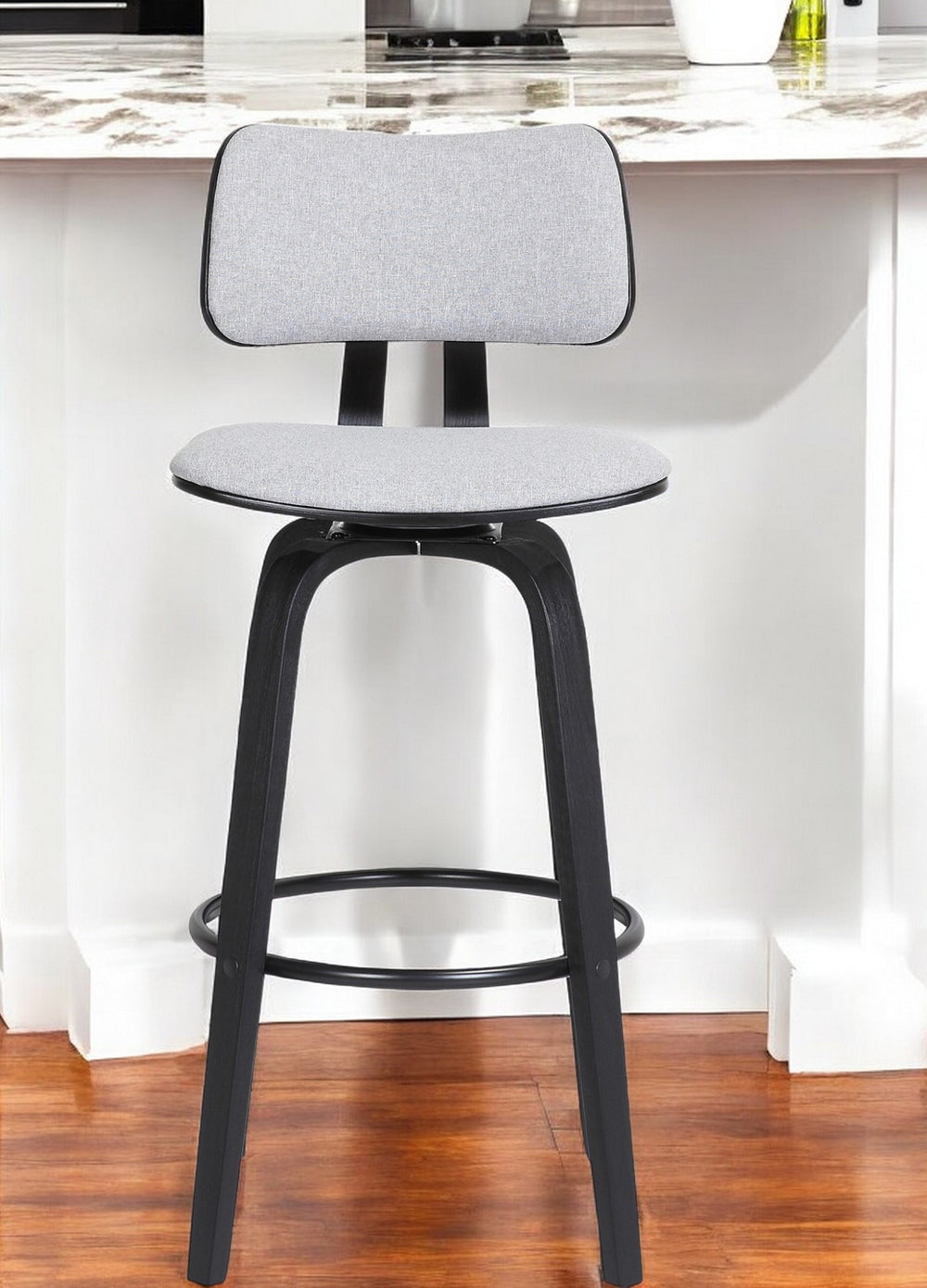 Homeroots 26" Light Gray And Black Fabric Swivel Low Back Counter Height Bar Chair   534434