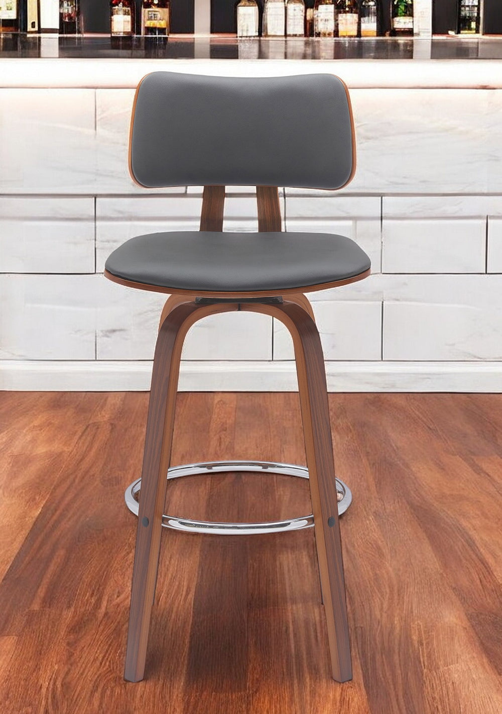 Homeroots 30" Gray And Wood Brown Faux Leather Swivel Low Back Bar Height Bar Chair   534435