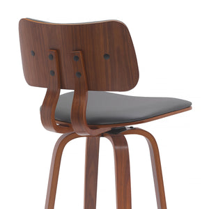 Homeroots 30" Gray And Wood Brown Faux Leather Swivel Low Back Bar Height Bar Chair   534435