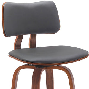 Homeroots 30" Gray And Wood Brown Faux Leather Swivel Low Back Bar Height Bar Chair   534435