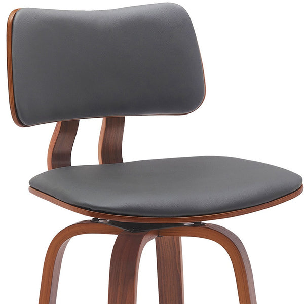 Homeroots 30" Gray And Wood Brown Faux Leather Swivel Low Back Bar Height Bar Chair   534435