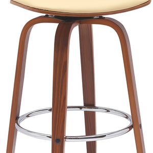 Homeroots 30" Cream And Wood Brown Faux Leather Swivel Low Back Bar Height Bar Chair   534436